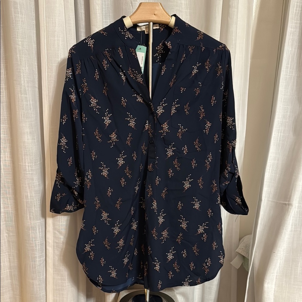 Fun 2 Fun Blue and Gold Blouse with Mandarin Collar
